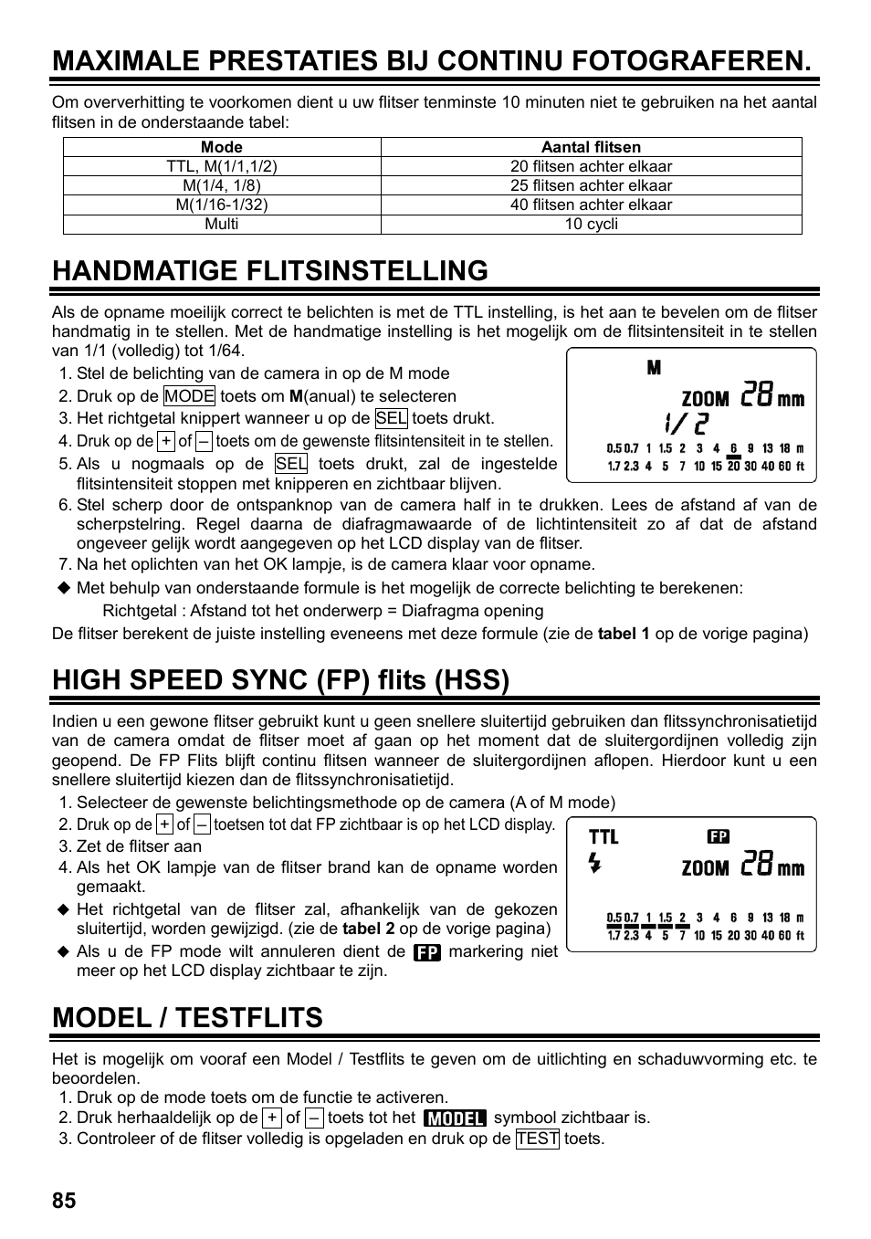 Maximale prestaties bij continu fotograferen, Handmatige flitsinstelling, High speed sync (fp) flits (hss) | Model / testflits | SIGMA ELECTRONIC FLASH EF-610 DG SUPER SO-ADI (ソニー用) User Manual | Page 86 / 128