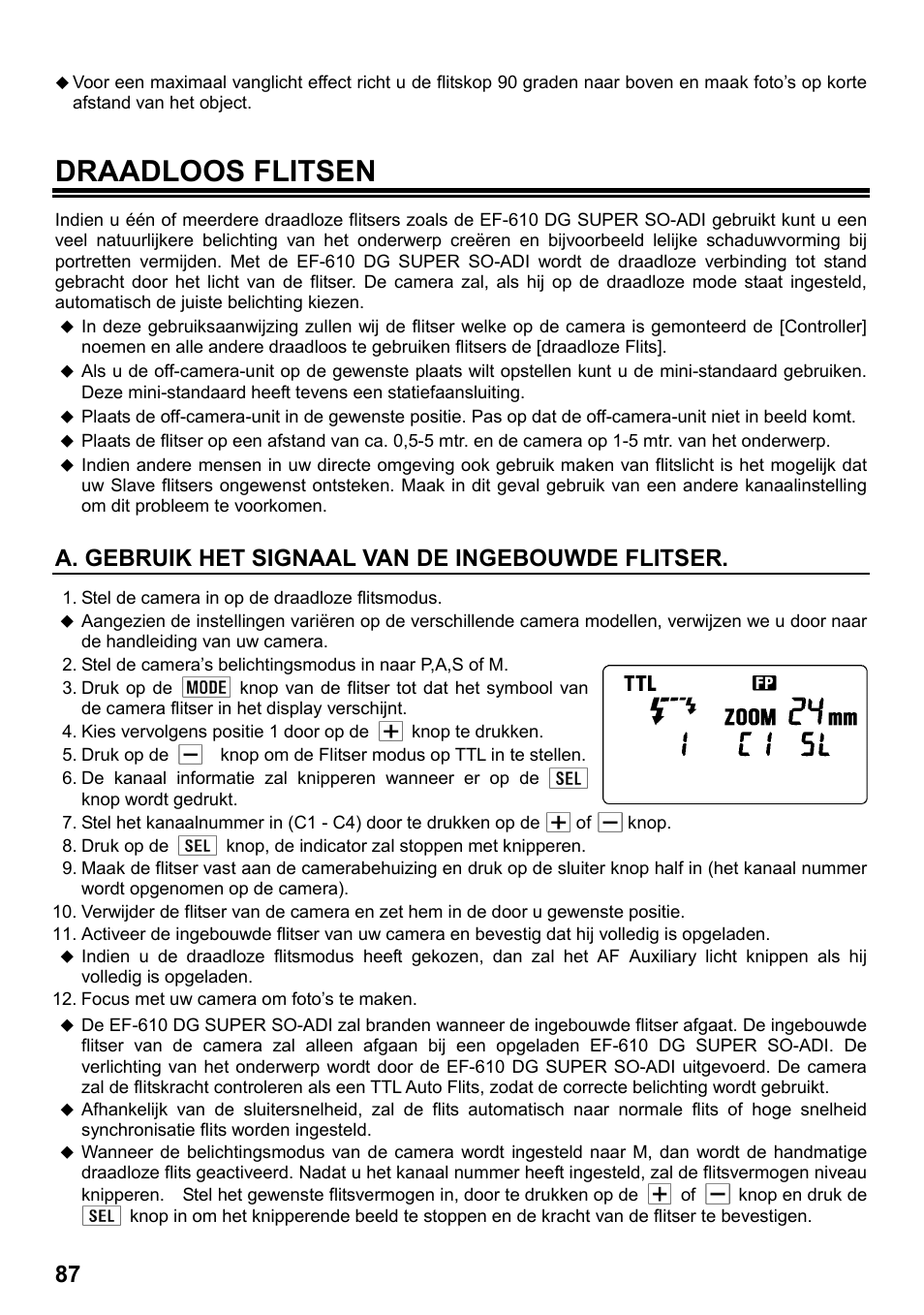 Draadloos flitsen, A. gebruik het signaal van de ingebouwde flitser | SIGMA ELECTRONIC FLASH EF-610 DG SUPER SO-ADI (ソニー用) User Manual | Page 88 / 128