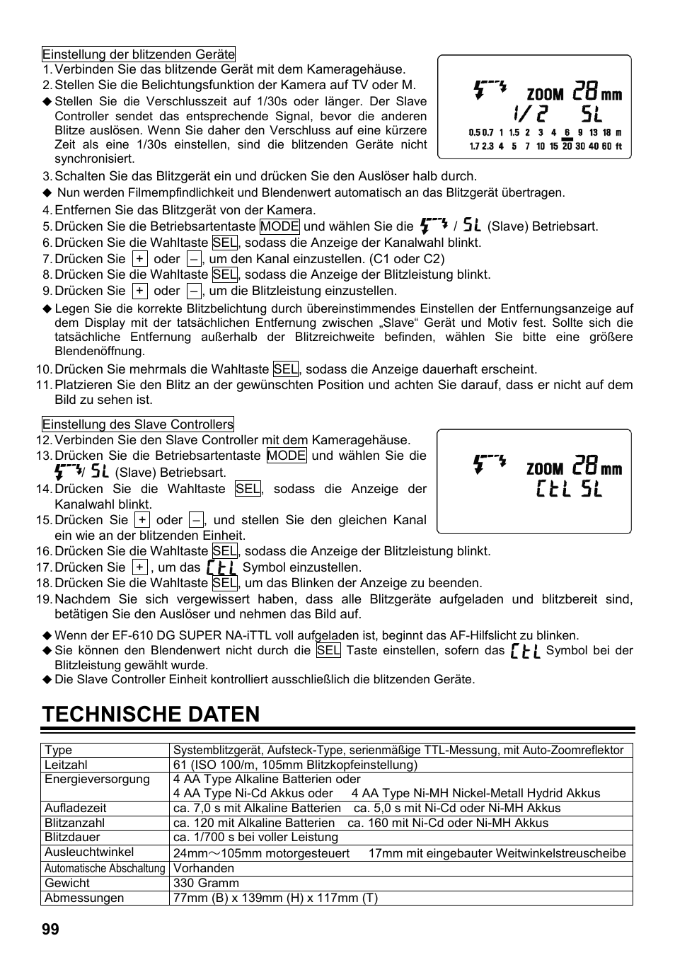 Technische daten | SIGMA ELECTRONIC FLASH EF-610 DG SUPER NA-iTTL (ニコン用) User Manual | Page 100 / 150