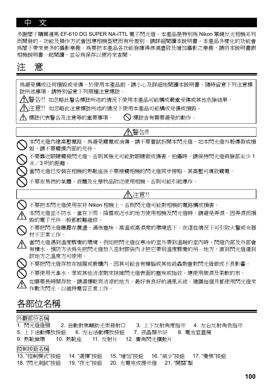 各部位名稱 | SIGMA ELECTRONIC FLASH EF-610 DG SUPER NA-iTTL (ニコン用) User Manual | Page 101 / 150