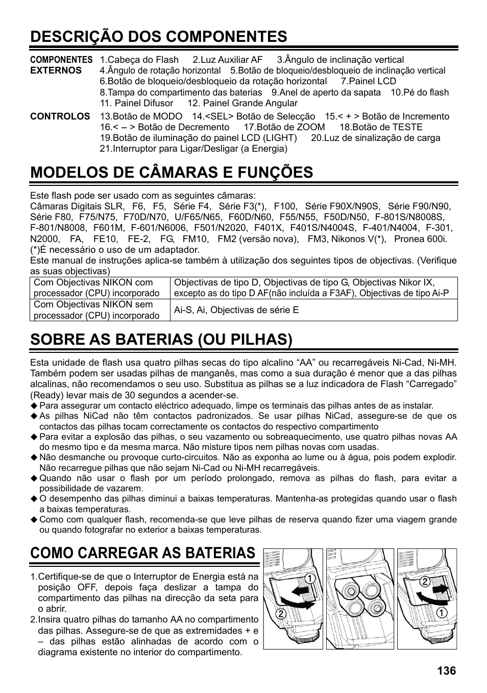 Descrição dos componentes, Modelos de câmaras e funções, Sobre as baterias (ou pilhas) | Como carregar as baterias | SIGMA ELECTRONIC FLASH EF-610 DG SUPER NA-iTTL (ニコン用) User Manual | Page 137 / 150