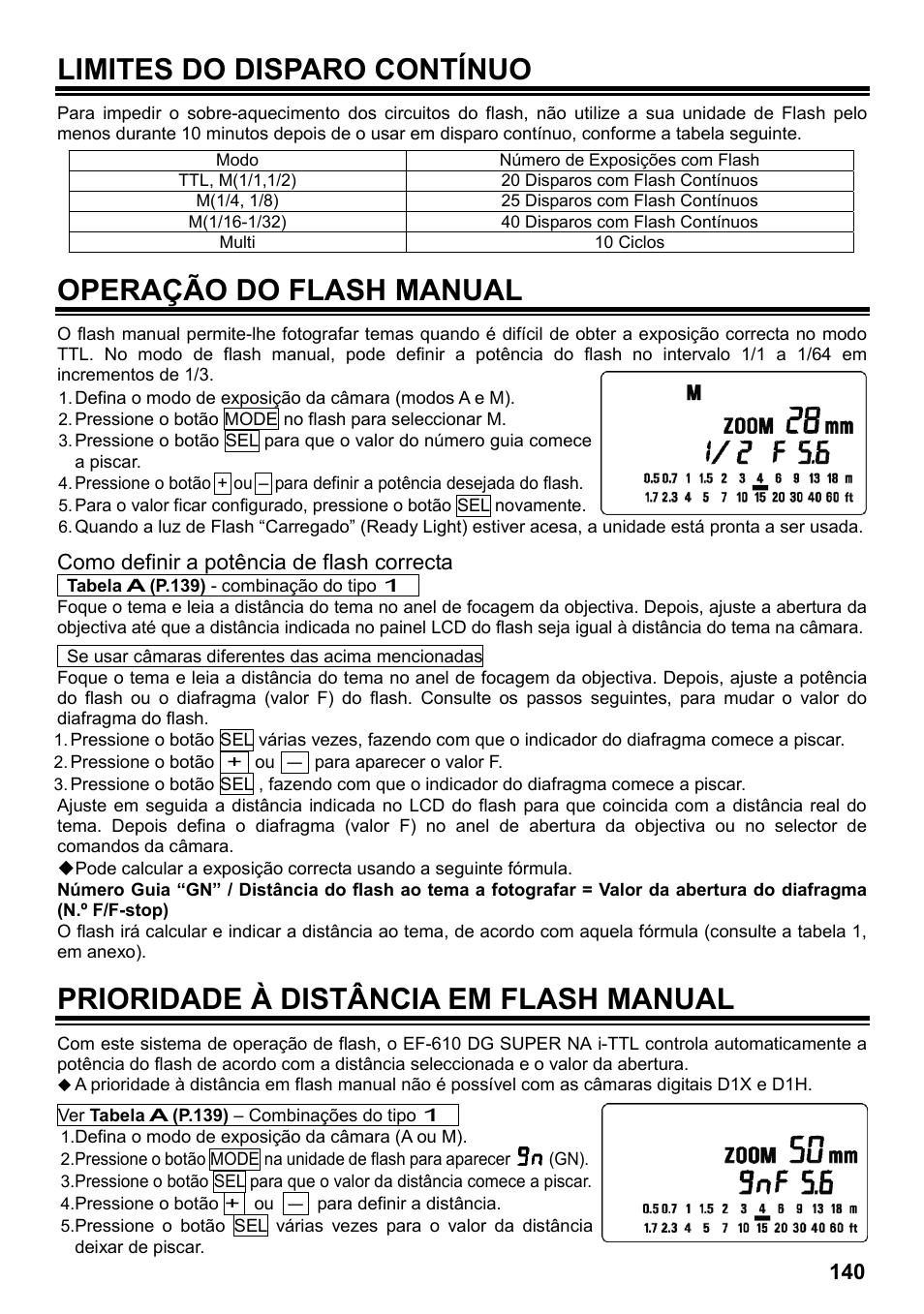 Limites do disparo contínuo, Operação do flash manual, Prioridade à distância em flash manual | Como definir a potência de flash correcta | SIGMA ELECTRONIC FLASH EF-610 DG SUPER NA-iTTL (ニコン用) User Manual | Page 141 / 150