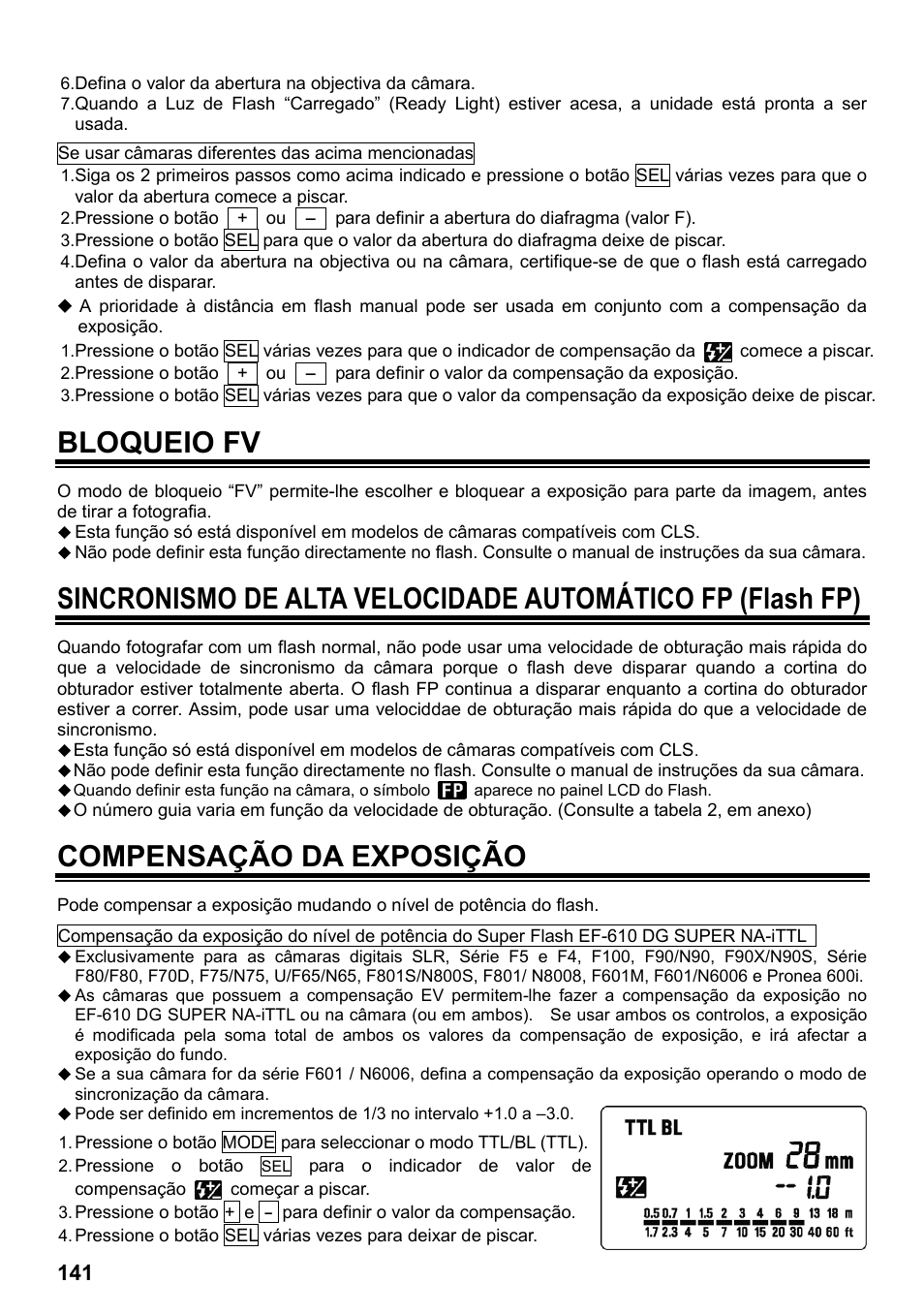 Bloqueio fv, Compensação da exposição | SIGMA ELECTRONIC FLASH EF-610 DG SUPER NA-iTTL (ニコン用) User Manual | Page 142 / 150