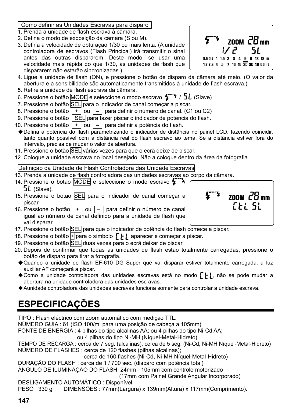 Especificações | SIGMA ELECTRONIC FLASH EF-610 DG SUPER NA-iTTL (ニコン用) User Manual | Page 148 / 150