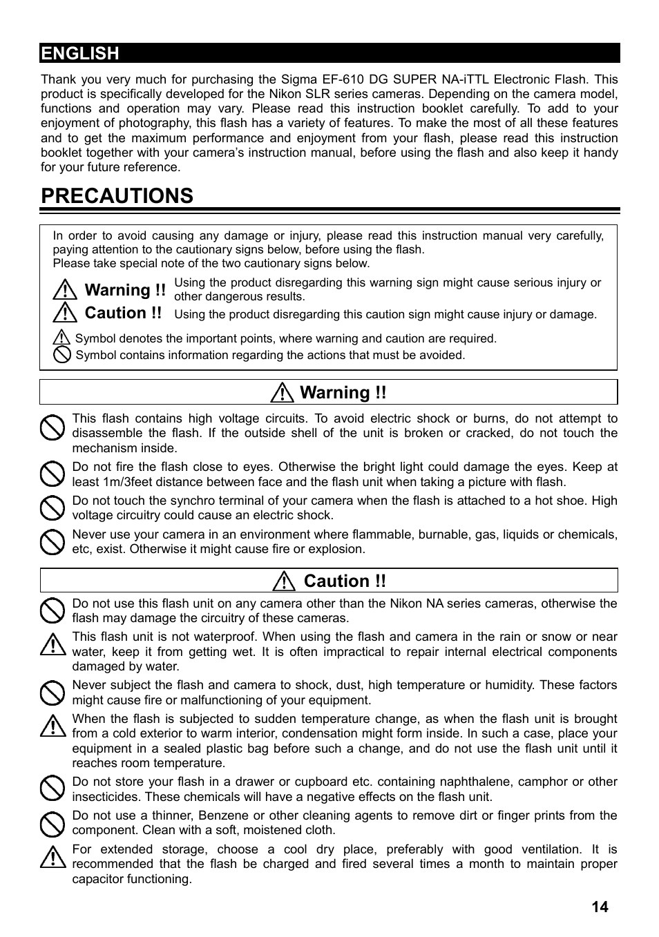 Precautions, English, Warning | Caution | SIGMA ELECTRONIC FLASH EF-610 DG SUPER NA-iTTL (ニコン用) User Manual | Page 15 / 150