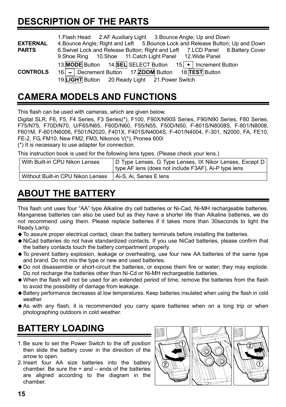 Description of the parts, Camera models and functions, About the battery | Battery loading | SIGMA ELECTRONIC FLASH EF-610 DG SUPER NA-iTTL (ニコン用) User Manual | Page 16 / 150