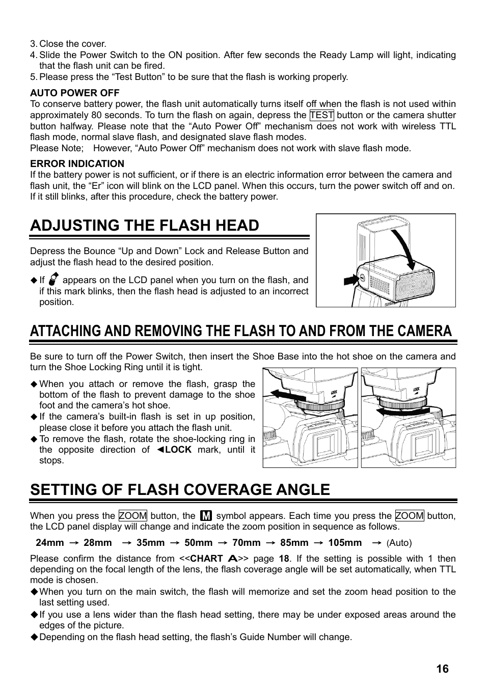 Adjusting the flash head, Setting of flash coverage angle | SIGMA ELECTRONIC FLASH EF-610 DG SUPER NA-iTTL (ニコン用) User Manual | Page 17 / 150