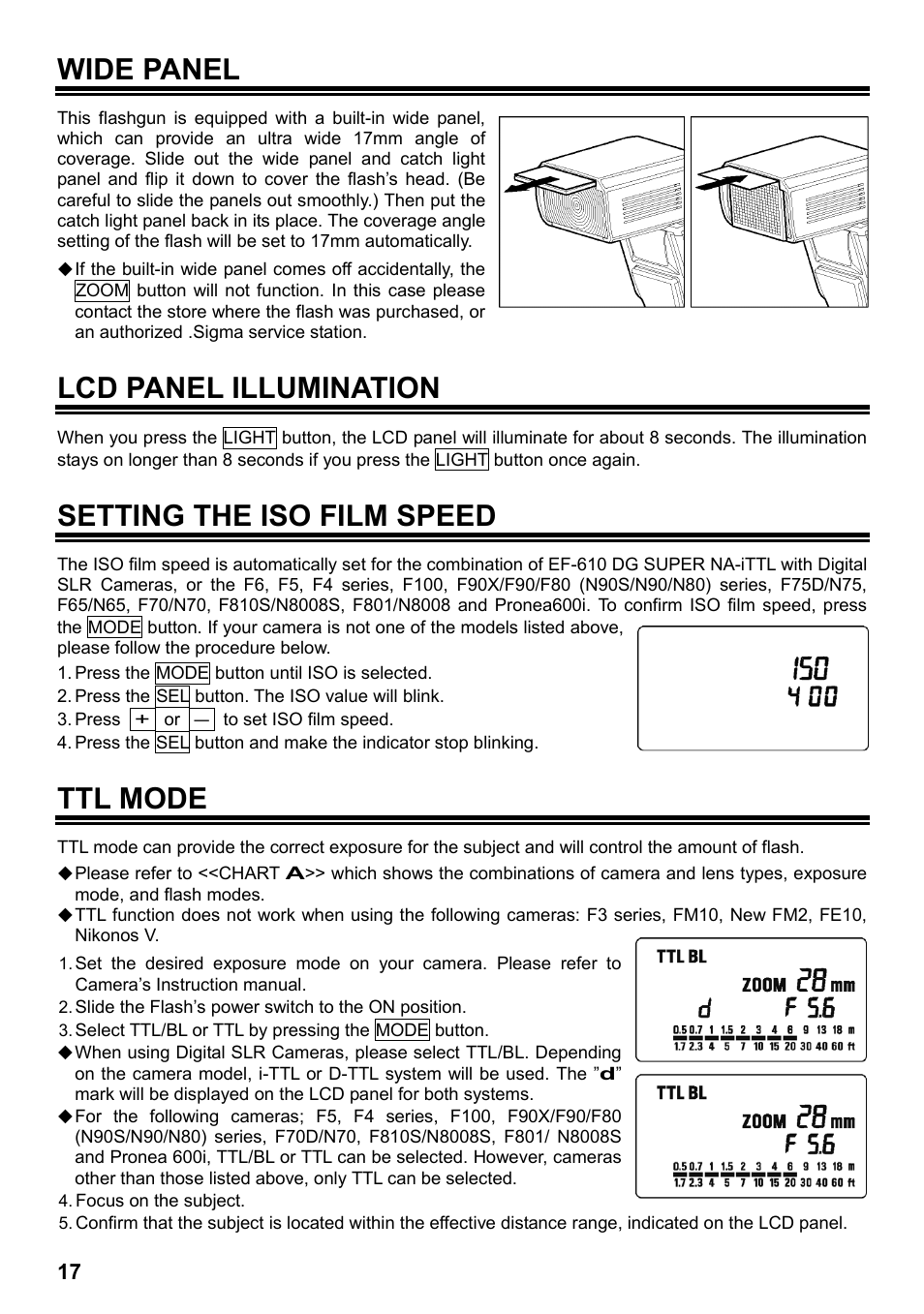 Wide panel, Lcd panel illumination, Setting the iso film speed | Ttl mode | SIGMA ELECTRONIC FLASH EF-610 DG SUPER NA-iTTL (ニコン用) User Manual | Page 18 / 150
