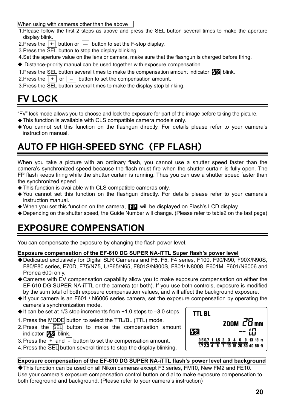 Fv lock, Auto fp high-speed sync （ fp flash, Exposure compensation | SIGMA ELECTRONIC FLASH EF-610 DG SUPER NA-iTTL (ニコン用) User Manual | Page 21 / 150