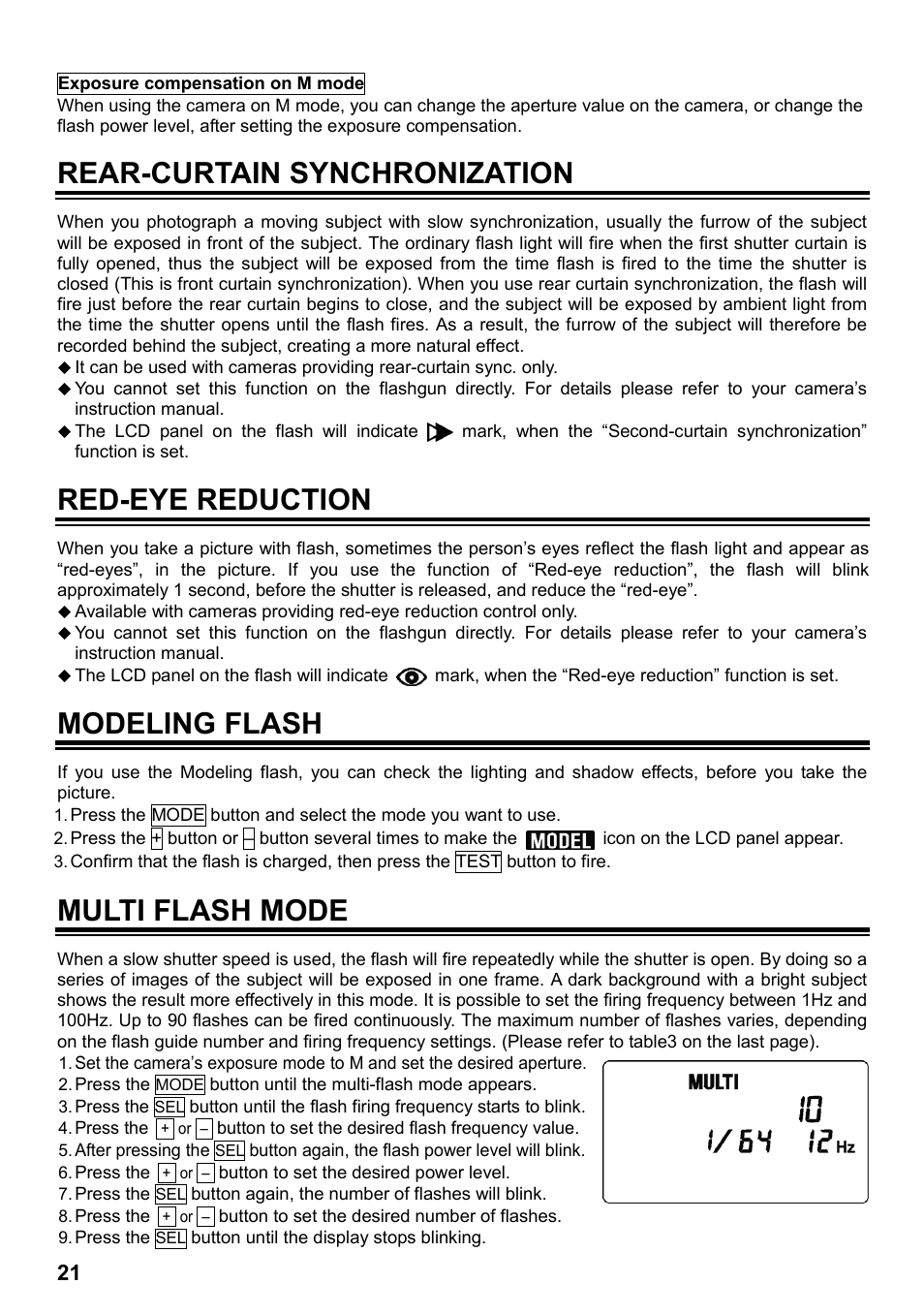 Rear-curtain synchronization, Red-eye reduction, Modeling flash | Multi flash mode | SIGMA ELECTRONIC FLASH EF-610 DG SUPER NA-iTTL (ニコン用) User Manual | Page 22 / 150