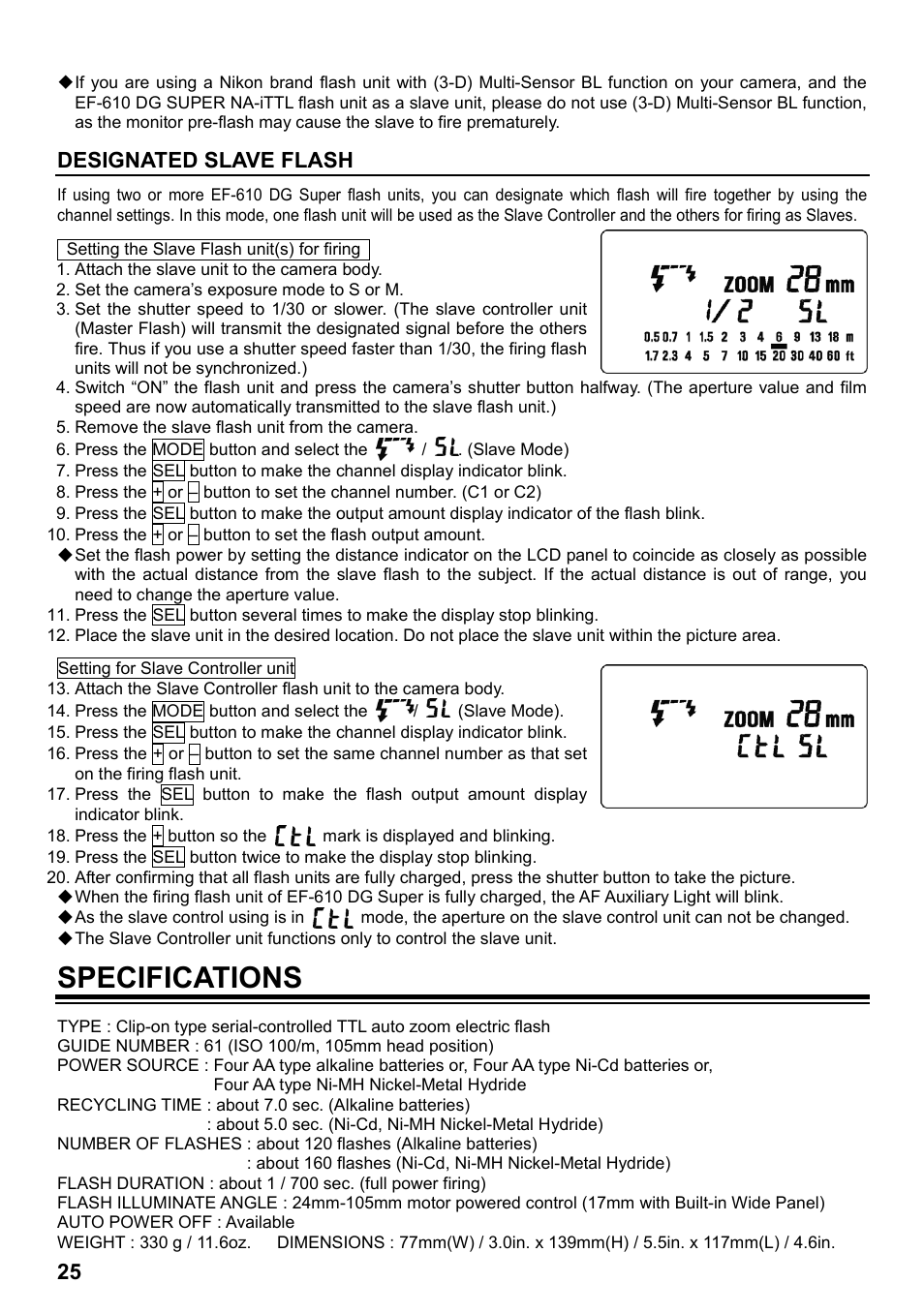 Specifications, Designated slave flash | SIGMA ELECTRONIC FLASH EF-610 DG SUPER NA-iTTL (ニコン用) User Manual | Page 26 / 150