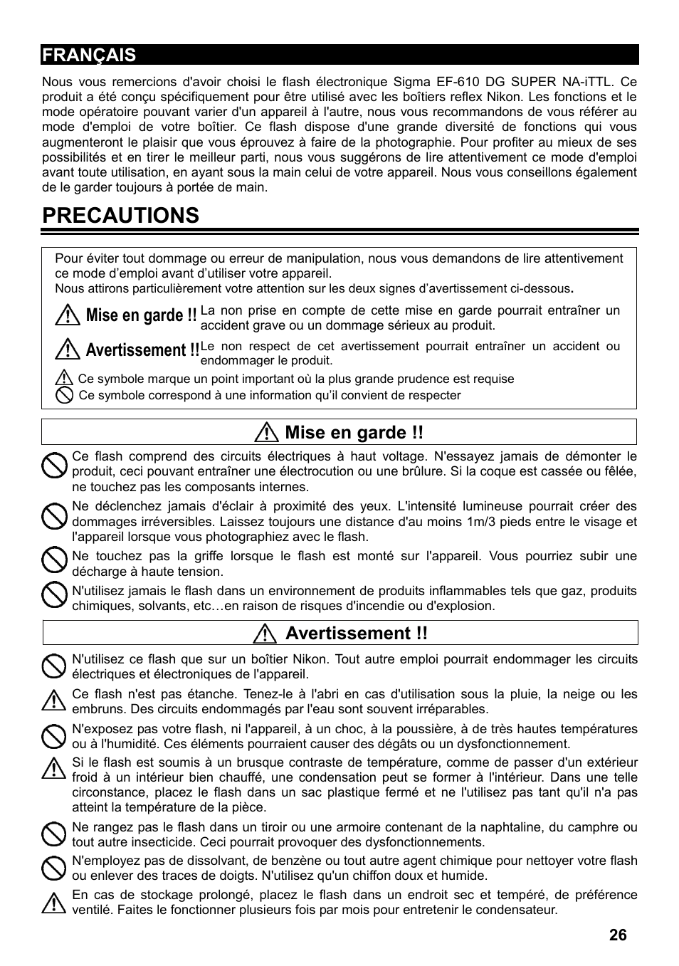 Precautions, Français, Mise en garde | Avertissement | SIGMA ELECTRONIC FLASH EF-610 DG SUPER NA-iTTL (ニコン用) User Manual | Page 27 / 150