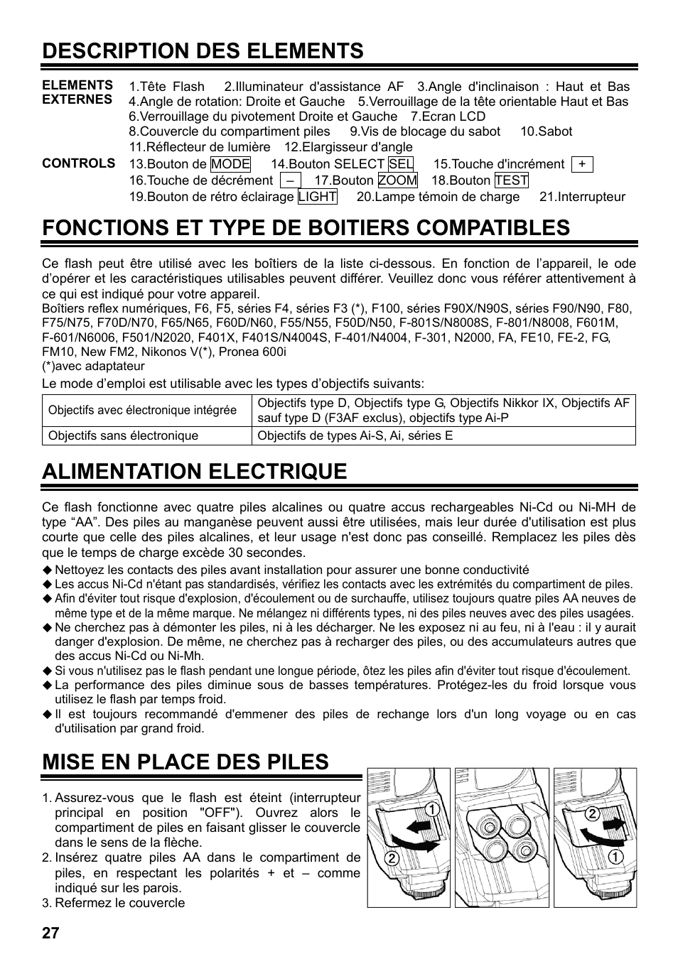 Description des elements, Fonctions et type de boitiers compatibles, Alimentation electrique | Mise en place des piles | SIGMA ELECTRONIC FLASH EF-610 DG SUPER NA-iTTL (ニコン用) User Manual | Page 28 / 150
