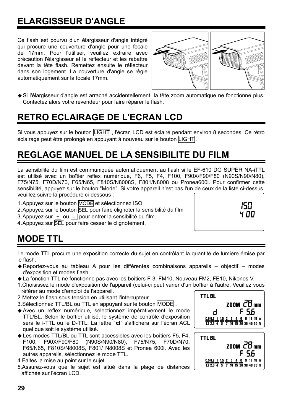 Elargisseur d'angle, Retro eclairage de l'ecran lcd, Reglage manuel de la sensibilite du film | Mode ttl | SIGMA ELECTRONIC FLASH EF-610 DG SUPER NA-iTTL (ニコン用) User Manual | Page 30 / 150