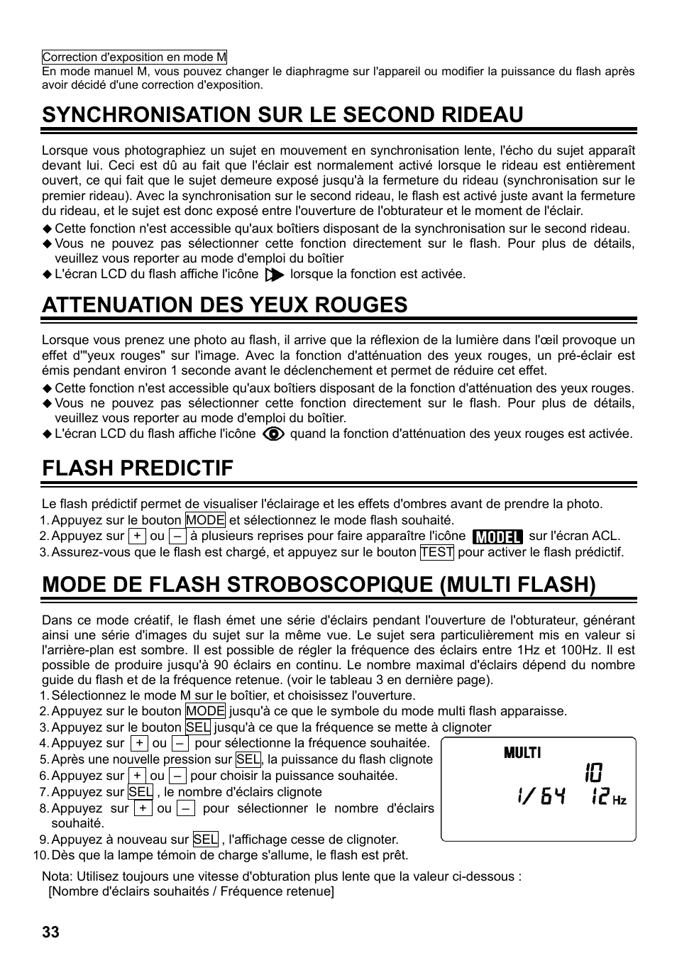 Synchronisation sur le second rideau, Attenuation des yeux rouges, Flash predictif | Mode de flash stroboscopique (multi flash) | SIGMA ELECTRONIC FLASH EF-610 DG SUPER NA-iTTL (ニコン用) User Manual | Page 34 / 150
