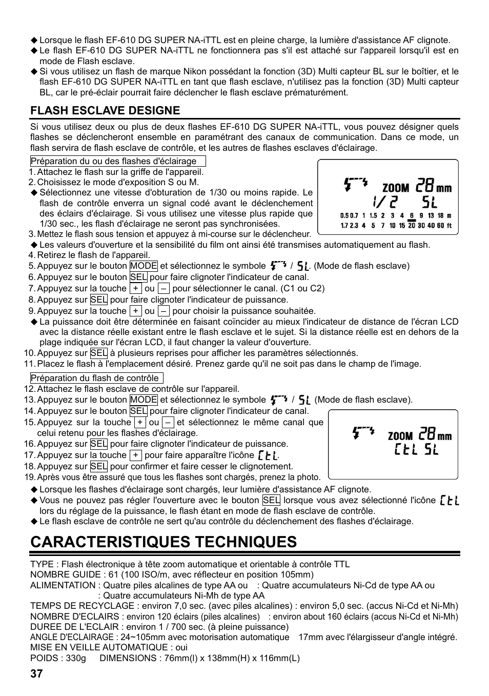 Caracteristiques techniques, Flash esclave designe | SIGMA ELECTRONIC FLASH EF-610 DG SUPER NA-iTTL (ニコン用) User Manual | Page 38 / 150
