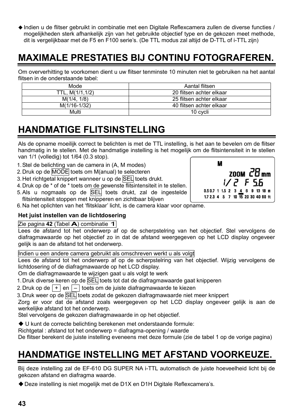 Maximale prestaties bij continu fotograferen, Handmatige flitsinstelling, Handmatige instelling met afstand voorkeuze | SIGMA ELECTRONIC FLASH EF-610 DG SUPER NA-iTTL (ニコン用) User Manual | Page 44 / 150