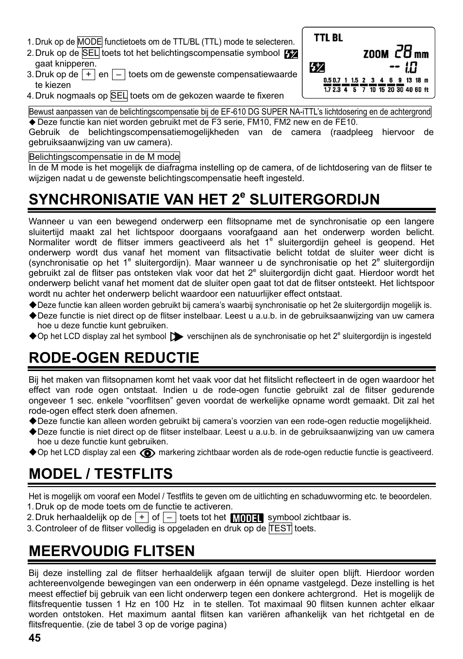 Synchronisatie van het 2, Sluitergordijn, Rode-ogen reductie | Model / testflits, Meervoudig flitsen | SIGMA ELECTRONIC FLASH EF-610 DG SUPER NA-iTTL (ニコン用) User Manual | Page 46 / 150