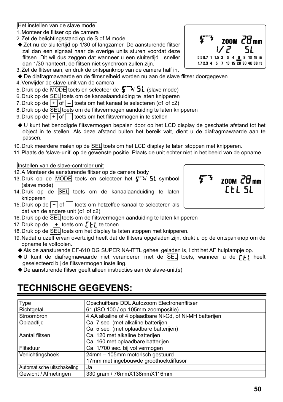 Technische gegevens | SIGMA ELECTRONIC FLASH EF-610 DG SUPER NA-iTTL (ニコン用) User Manual | Page 51 / 150
