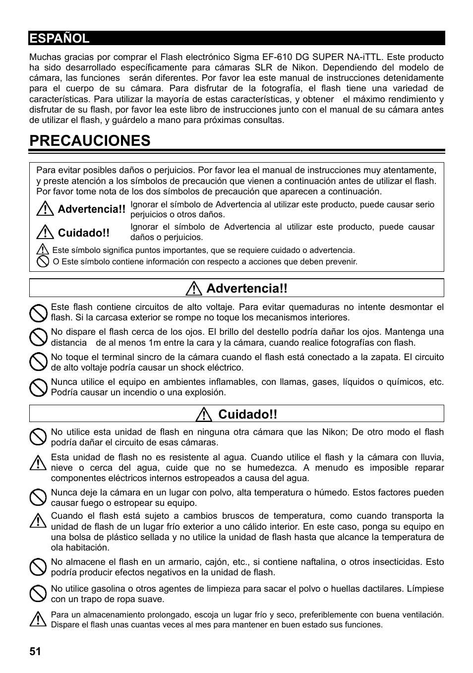 Precauciones, Español, Advertencia | Cuidado | SIGMA ELECTRONIC FLASH EF-610 DG SUPER NA-iTTL (ニコン用) User Manual | Page 52 / 150