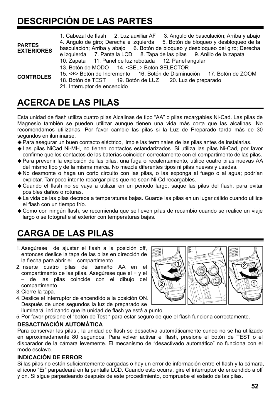 Descripción de las partes, Acerca de las pilas, Carga de las pilas | SIGMA ELECTRONIC FLASH EF-610 DG SUPER NA-iTTL (ニコン用) User Manual | Page 53 / 150