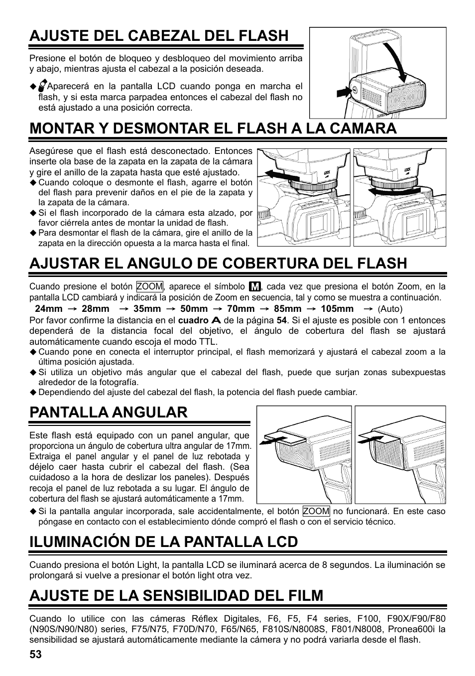 Ajuste del cabezal del flash, Montar y desmontar el flash a la camara, Ajustar el angulo de cobertura del flash | Pantalla angular, Iluminación de la pantalla lcd, Ajuste de la sensibilidad del film | SIGMA ELECTRONIC FLASH EF-610 DG SUPER NA-iTTL (ニコン用) User Manual | Page 54 / 150