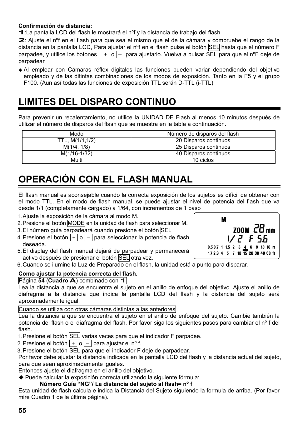 Limites del disparo continuo, Operación con el flash manual | SIGMA ELECTRONIC FLASH EF-610 DG SUPER NA-iTTL (ニコン用) User Manual | Page 56 / 150