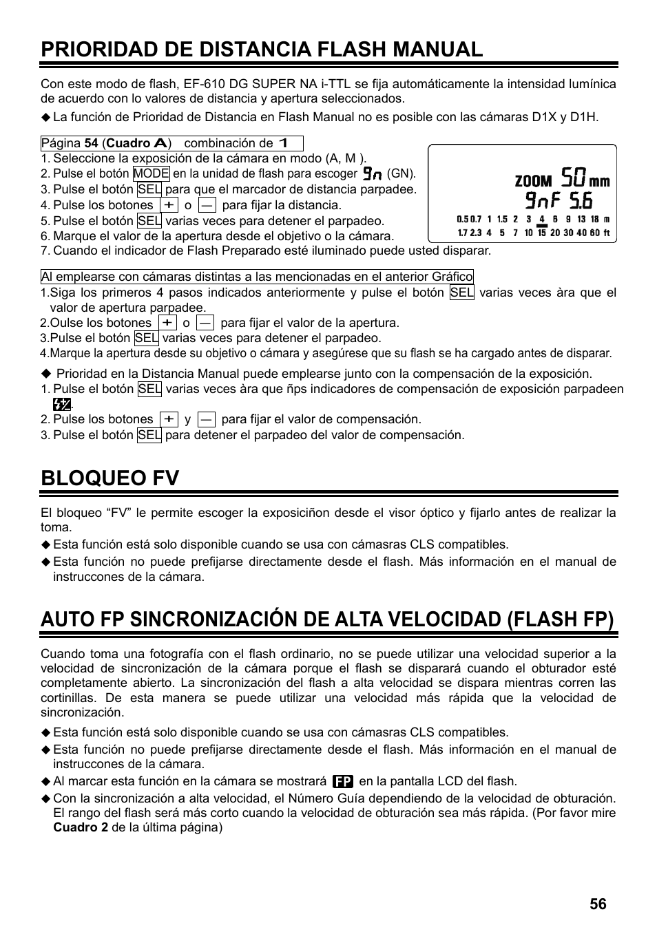 Prioridad de distancia flash manual, Bloqueo fv | SIGMA ELECTRONIC FLASH EF-610 DG SUPER NA-iTTL (ニコン用) User Manual | Page 57 / 150