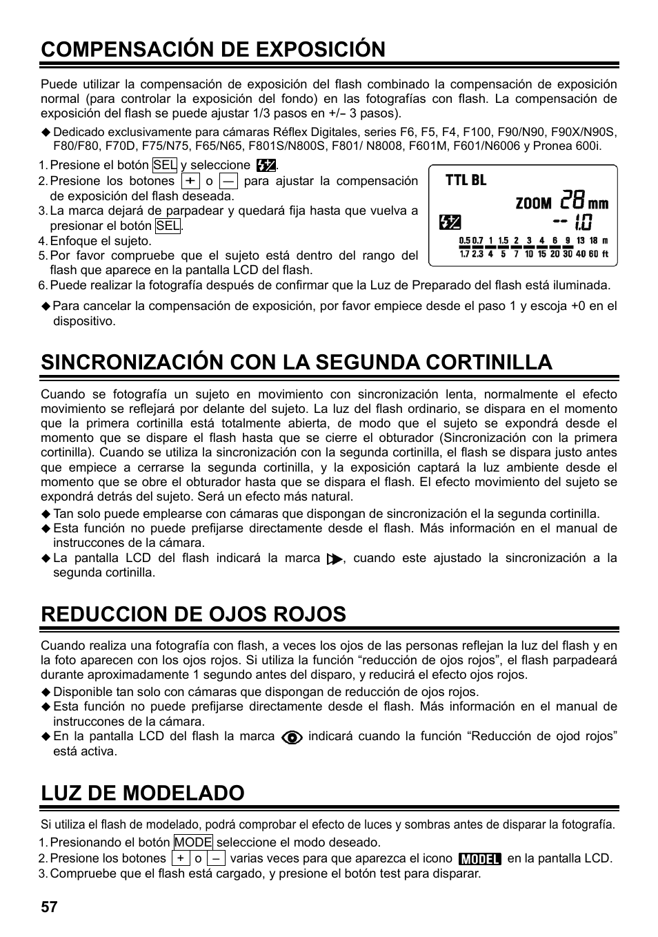 Compensación de exposición, Sincronización con la segunda cortinilla, Reduccion de ojos rojos | Luz de modelado | SIGMA ELECTRONIC FLASH EF-610 DG SUPER NA-iTTL (ニコン用) User Manual | Page 58 / 150