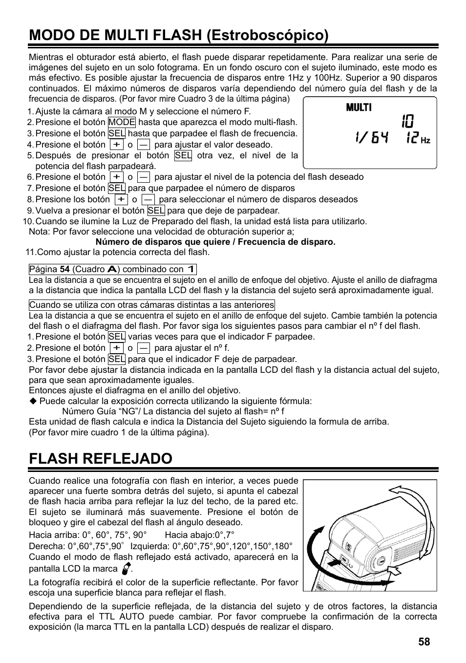 Modo de multi flash (estroboscópico), Flash reflejado | SIGMA ELECTRONIC FLASH EF-610 DG SUPER NA-iTTL (ニコン用) User Manual | Page 59 / 150