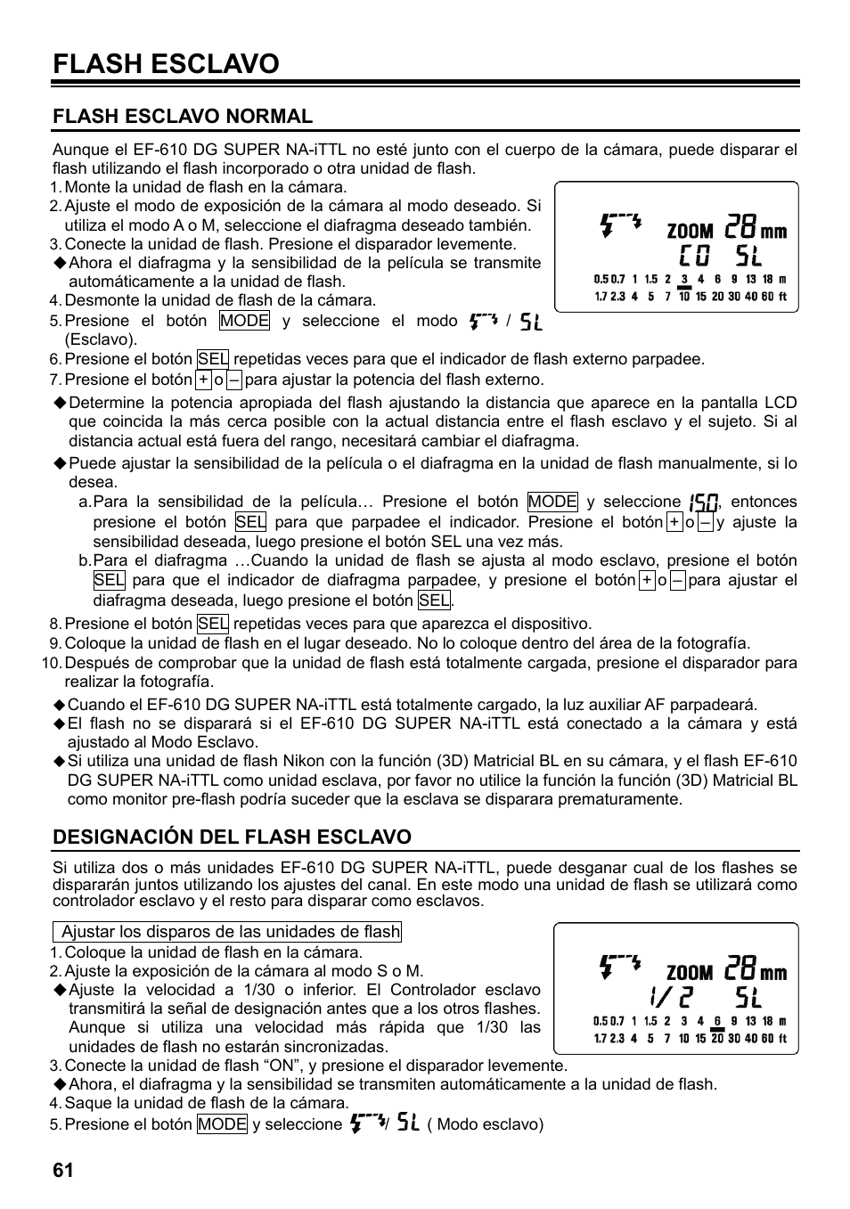 Flash esclavo, Flash esclavo normal, Designación del flash esclavo | SIGMA ELECTRONIC FLASH EF-610 DG SUPER NA-iTTL (ニコン用) User Manual | Page 62 / 150