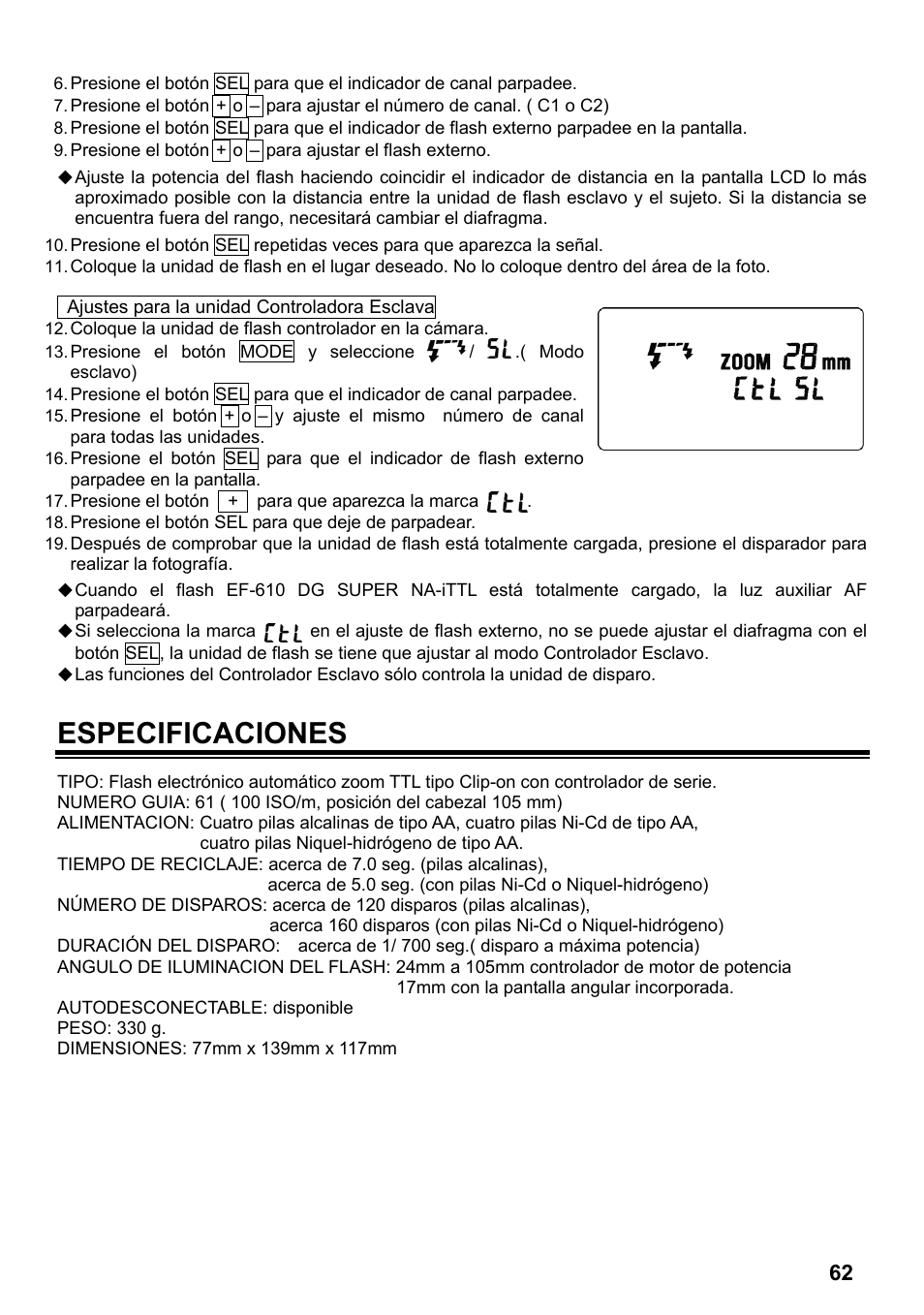 Especificaciones | SIGMA ELECTRONIC FLASH EF-610 DG SUPER NA-iTTL (ニコン用) User Manual | Page 63 / 150