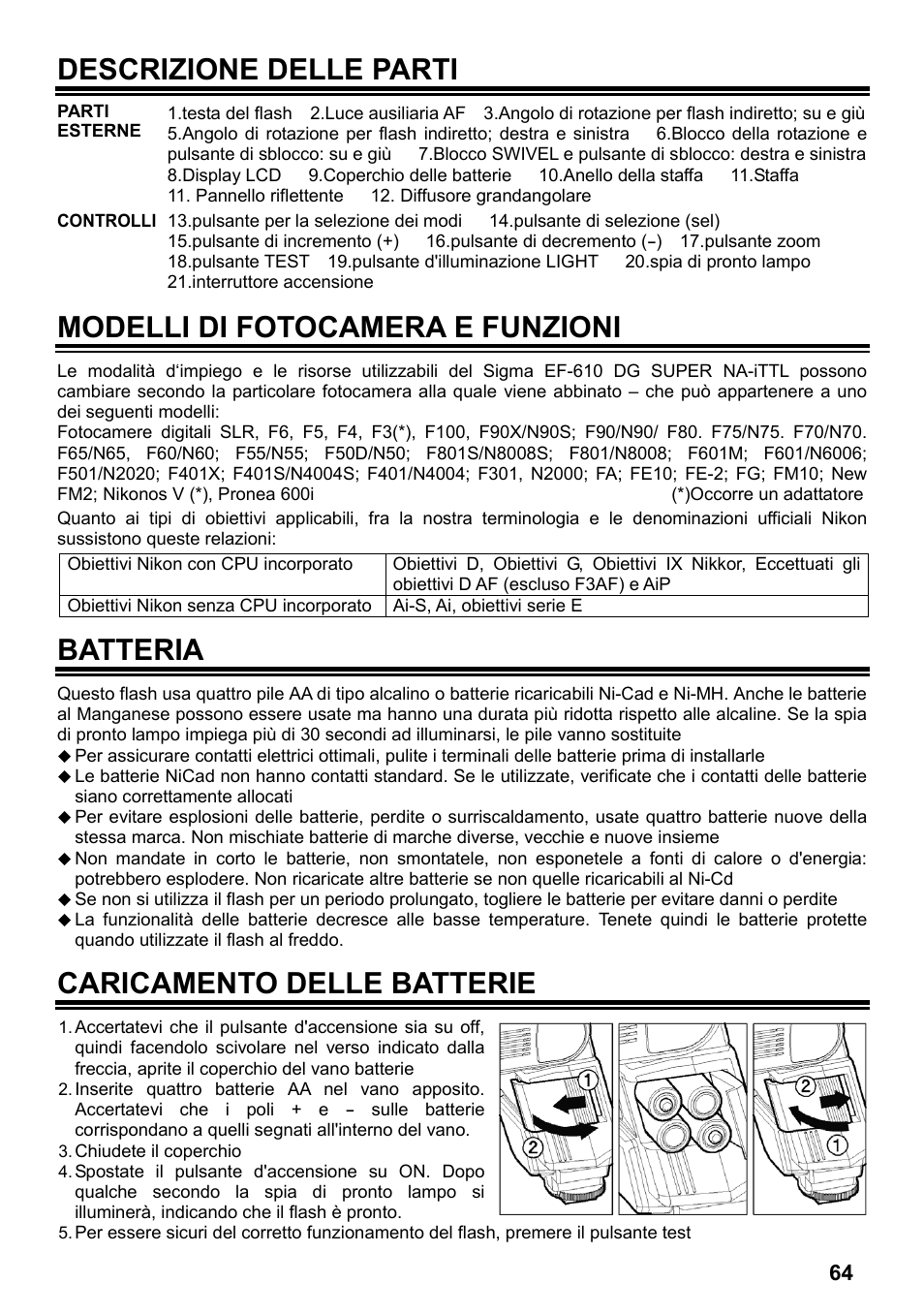 Descrizione delle parti, Modelli di fotocamera e funzioni, Batteria | Caricamento delle batterie | SIGMA ELECTRONIC FLASH EF-610 DG SUPER NA-iTTL (ニコン用) User Manual | Page 65 / 150
