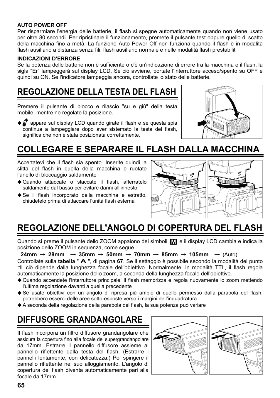 Regolazione della testa del flash, Collegare e separare il flash dalla macchina, Regolazione dell'angolo di copertura del flash | Diffusore grandangolare | SIGMA ELECTRONIC FLASH EF-610 DG SUPER NA-iTTL (ニコン用) User Manual | Page 66 / 150