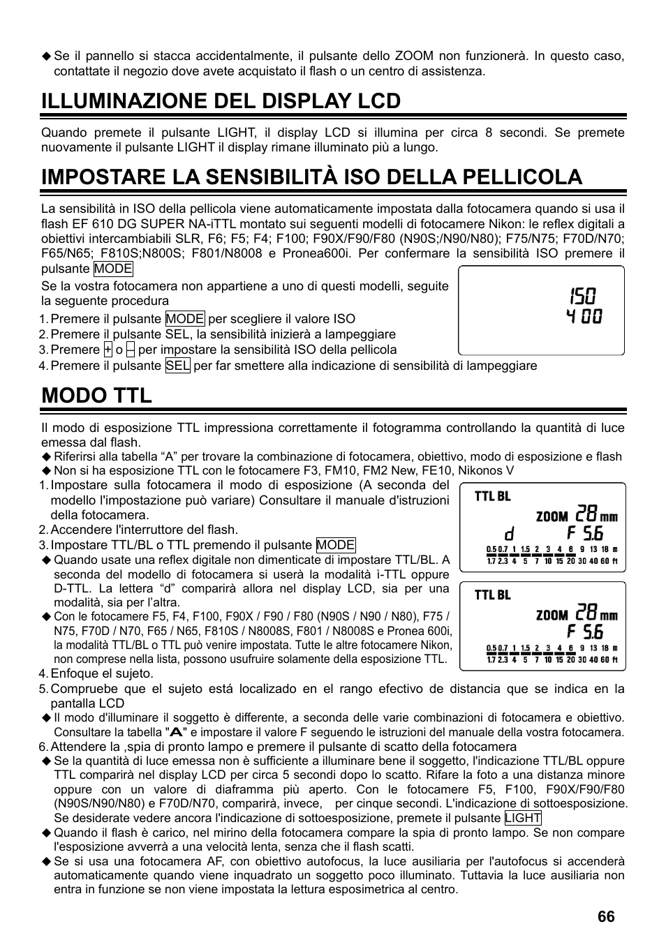 Illuminazione del display lcd, Impostare la sensibilità iso della pellicola, Modo ttl | SIGMA ELECTRONIC FLASH EF-610 DG SUPER NA-iTTL (ニコン用) User Manual | Page 67 / 150