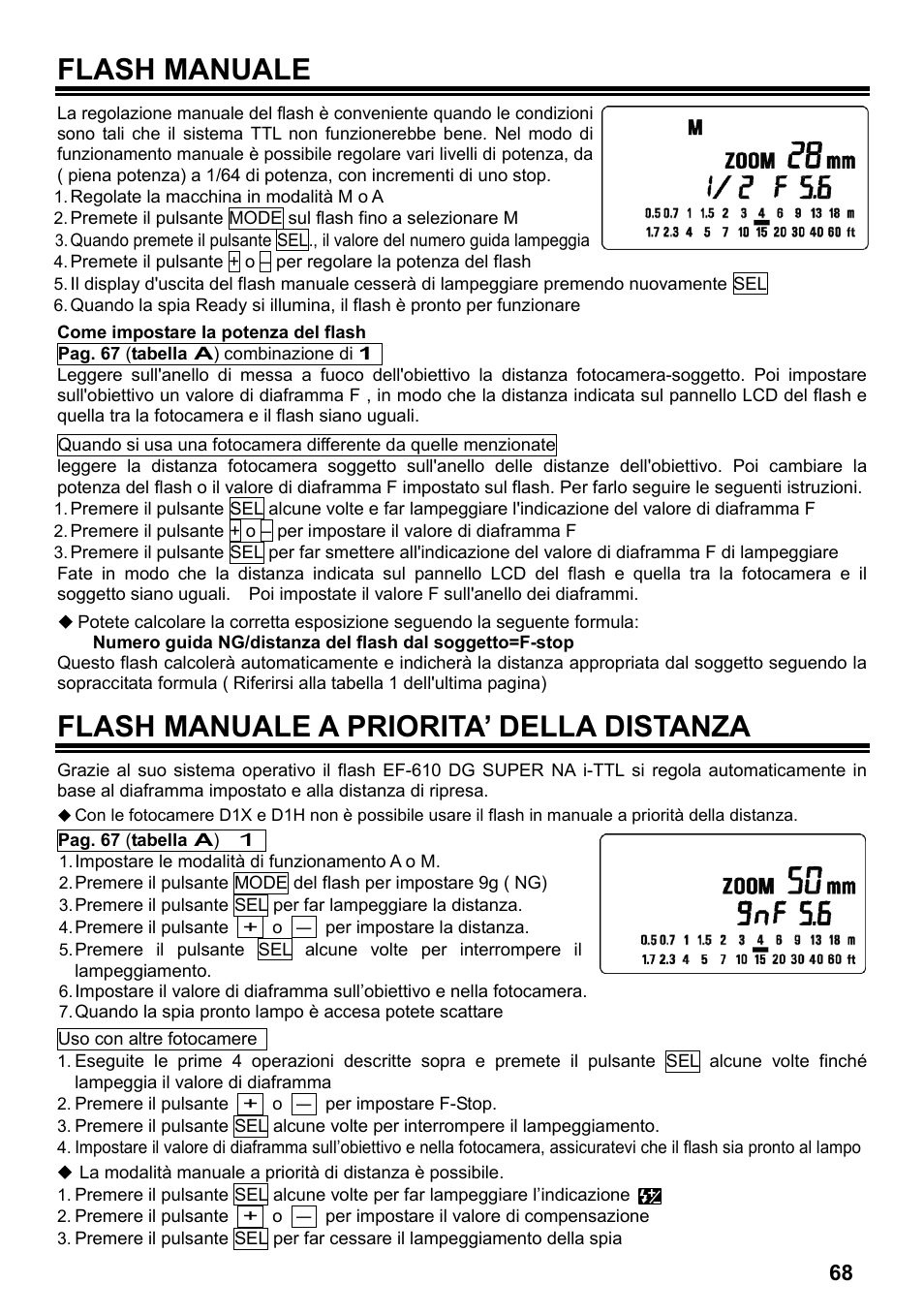 Flash manuale, Flash manuale a priorita’ della distanza | SIGMA ELECTRONIC FLASH EF-610 DG SUPER NA-iTTL (ニコン用) User Manual | Page 69 / 150