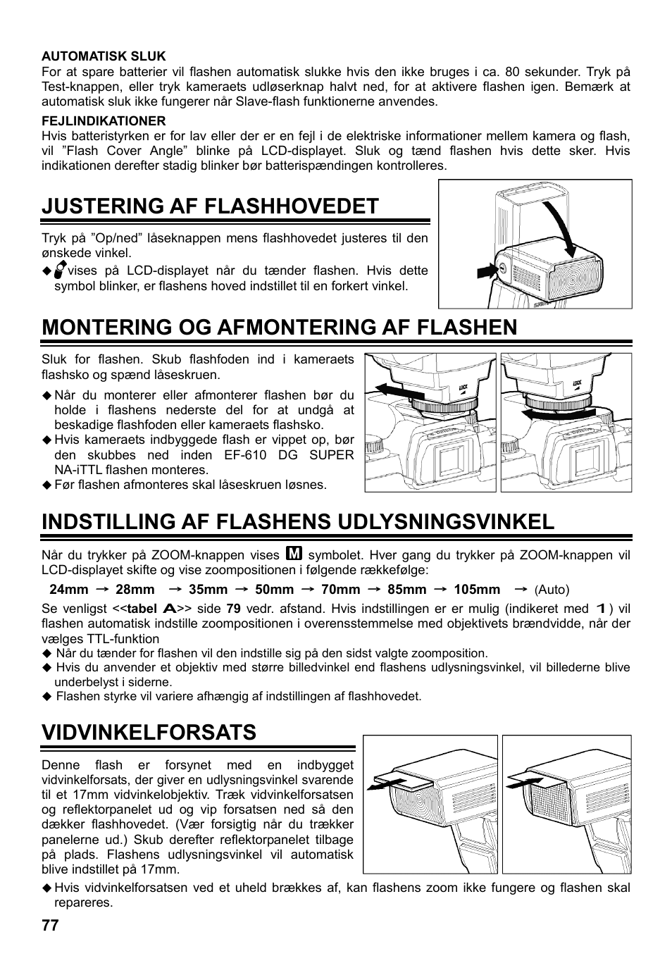 Justering af flashhovedet, Montering og afmontering af flashen, Indstilling af flashens udlysningsvinkel | Vidvinkelforsats | SIGMA ELECTRONIC FLASH EF-610 DG SUPER NA-iTTL (ニコン用) User Manual | Page 78 / 150