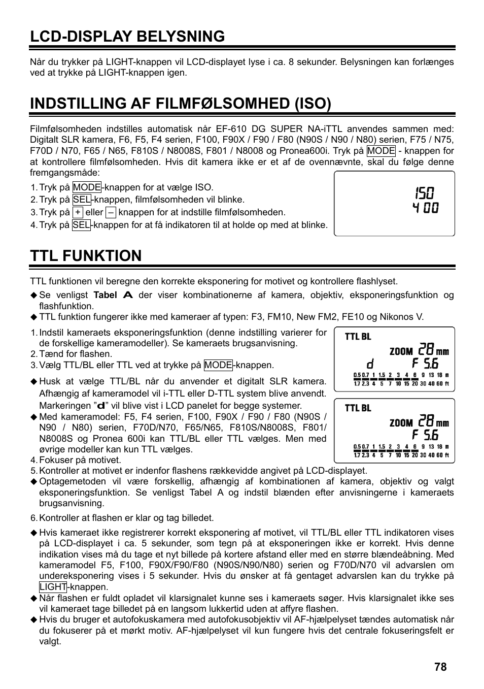 Lcd-display belysning, Indstilling af filmfølsomhed (iso), Ttl funktion | SIGMA ELECTRONIC FLASH EF-610 DG SUPER NA-iTTL (ニコン用) User Manual | Page 79 / 150