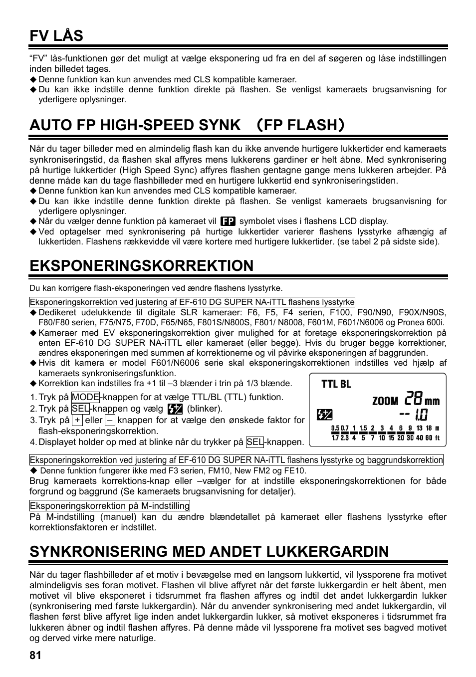Fv lås, Auto fp high-speed synk （ fp flash, Eksponeringskorrektion | Synkronisering med andet lukkergardin | SIGMA ELECTRONIC FLASH EF-610 DG SUPER NA-iTTL (ニコン用) User Manual | Page 82 / 150
