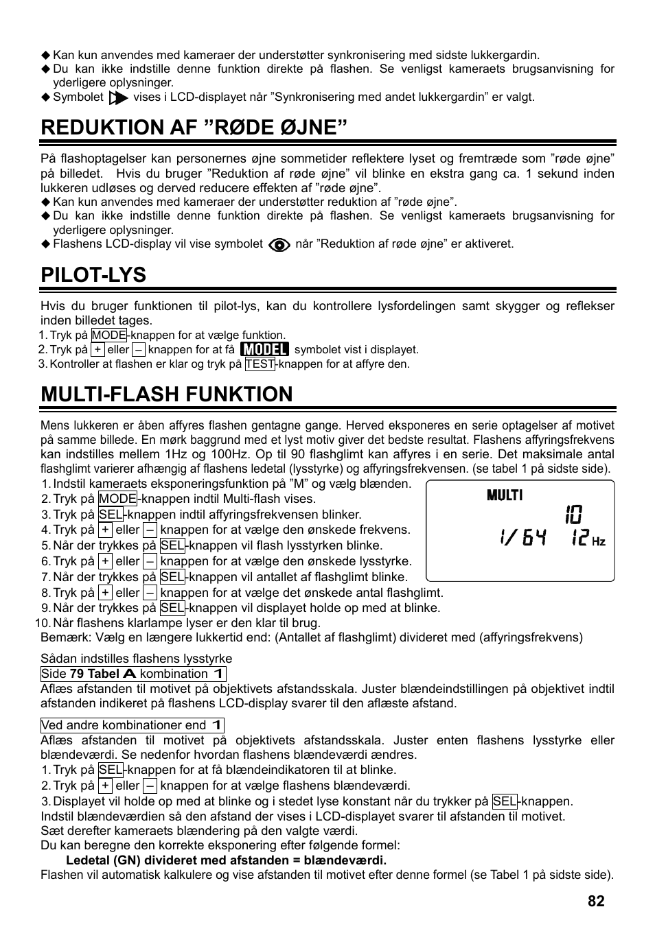 Reduktion af ”røde øjne, Pilot-lys, Multi-flash funktion | SIGMA ELECTRONIC FLASH EF-610 DG SUPER NA-iTTL (ニコン用) User Manual | Page 83 / 150