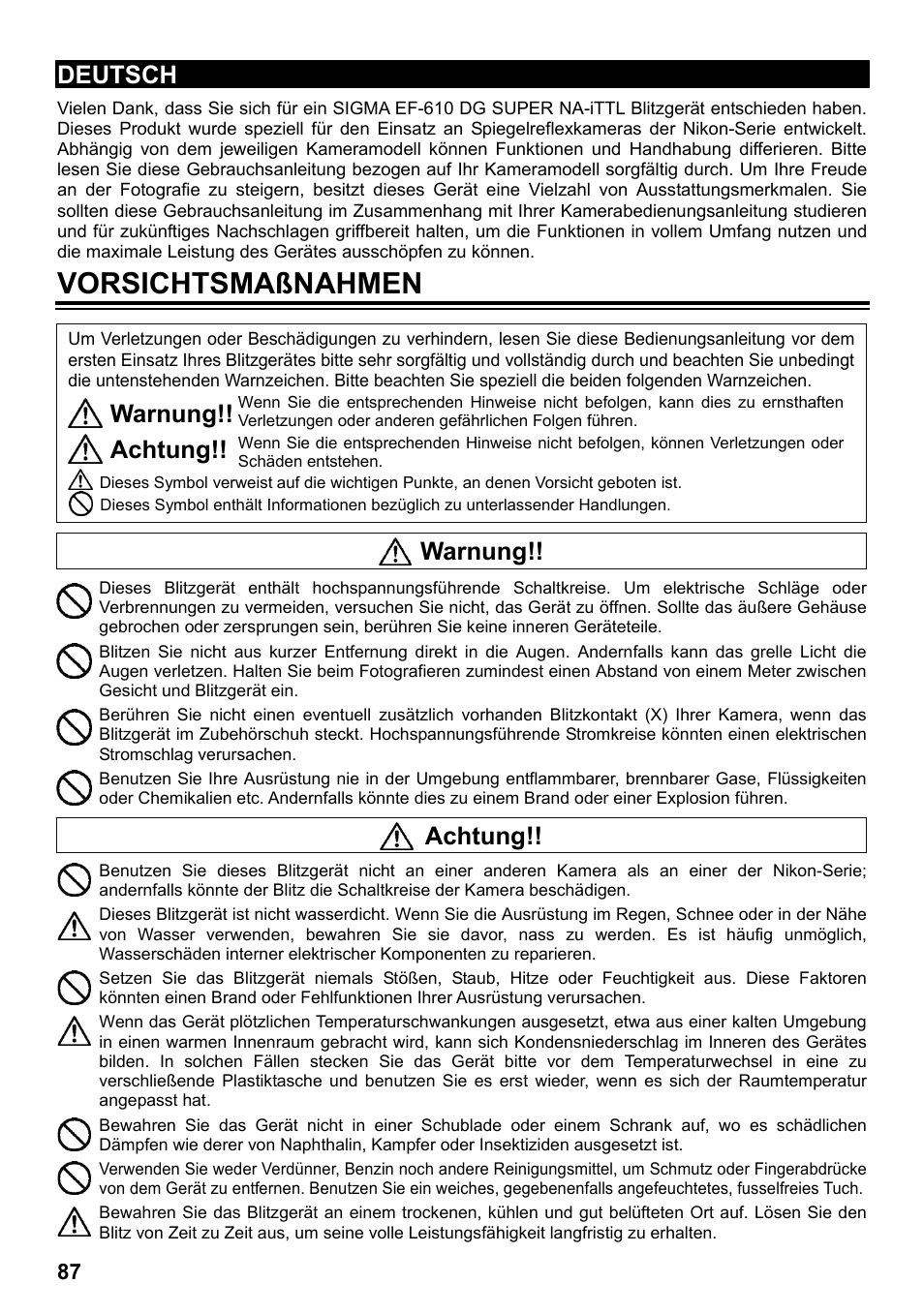 Vorsichtsmaßnahmen, Deutsch, Warnung | Achtung | SIGMA ELECTRONIC FLASH EF-610 DG SUPER NA-iTTL (ニコン用) User Manual | Page 88 / 150