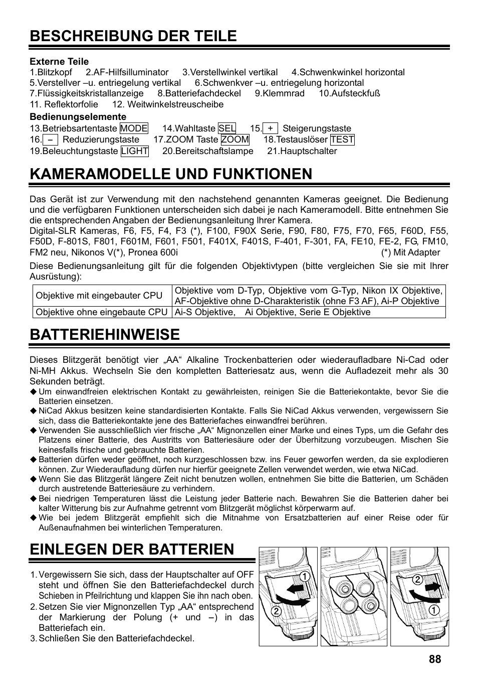 Beschreibung der teile, Kameramodelle und funktionen, Batteriehinweise | Einlegen der batterien | SIGMA ELECTRONIC FLASH EF-610 DG SUPER NA-iTTL (ニコン用) User Manual | Page 89 / 150