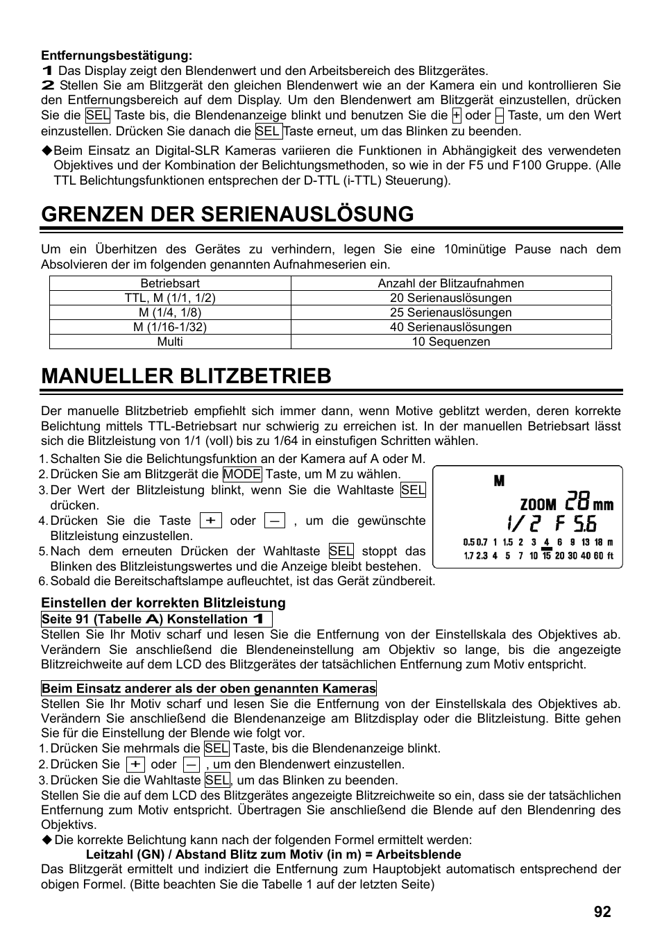Grenzen der serienauslösung, Manueller blitzbetrieb | SIGMA ELECTRONIC FLASH EF-610 DG SUPER NA-iTTL (ニコン用) User Manual | Page 93 / 150