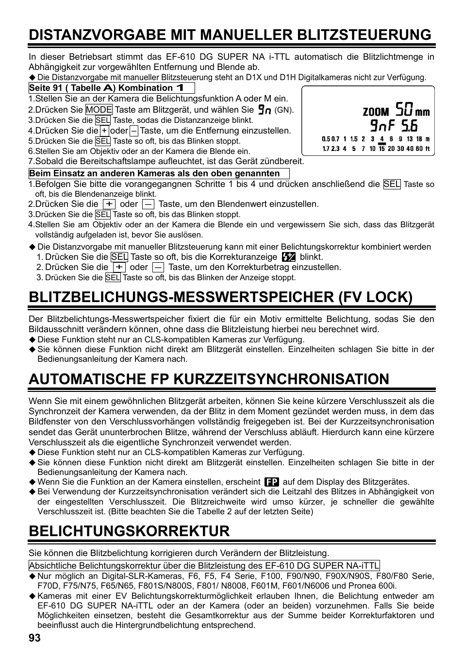 Distanzvorgabe mit manueller blitzsteuerung, Blitzbelichungs-messwertspeicher (fv lock), Automatische fp kurzzeitsynchronisation | Belichtungskorrektur | SIGMA ELECTRONIC FLASH EF-610 DG SUPER NA-iTTL (ニコン用) User Manual | Page 94 / 150