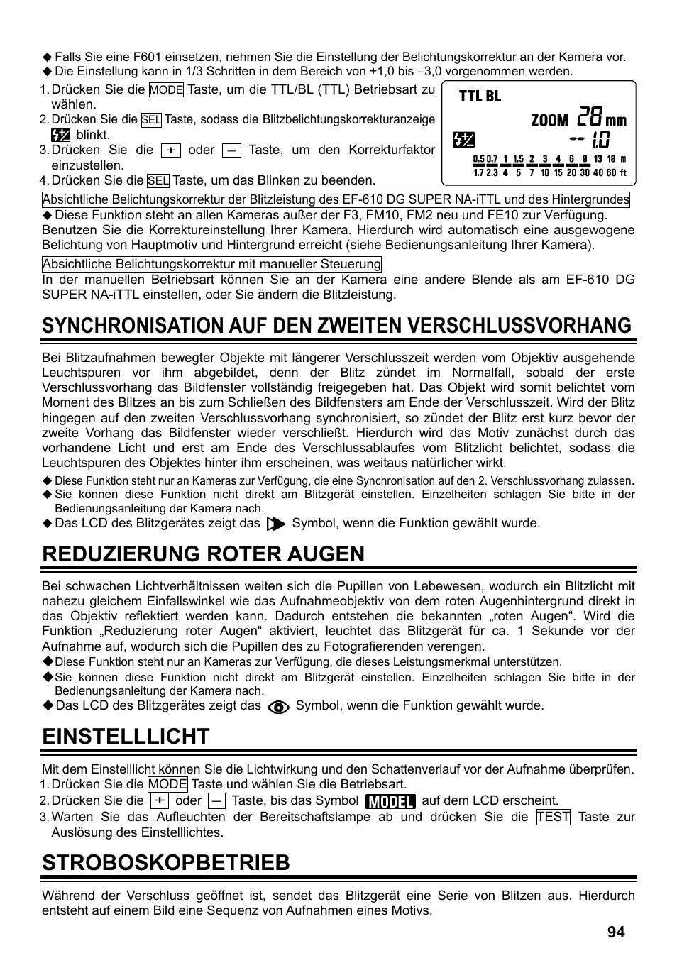 Synchronisation auf den zweiten verschlussvorhang, Reduzierung roter augen, Einstelllicht | Stroboskopbetrieb | SIGMA ELECTRONIC FLASH EF-610 DG SUPER NA-iTTL (ニコン用) User Manual | Page 95 / 150