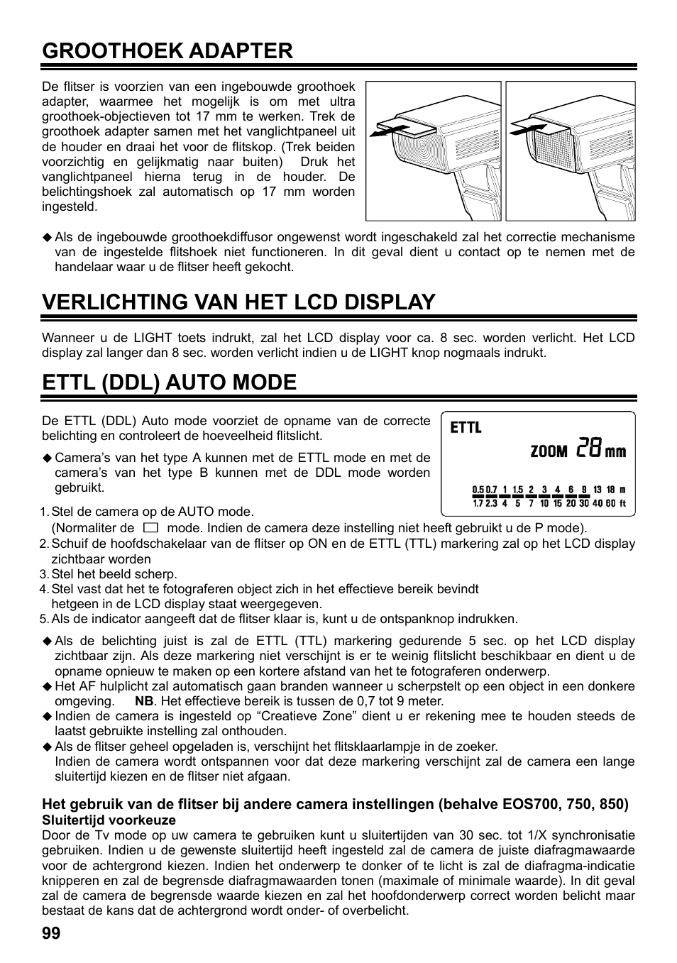 Groothoek adapter, Verlichting van het lcd display, Ettl (ddl) auto mode | SIGMA ELECTRONIC FLASH EF-610 DG SUPER EO-ETTL II (キヤノン用) User Manual | Page 100 / 160