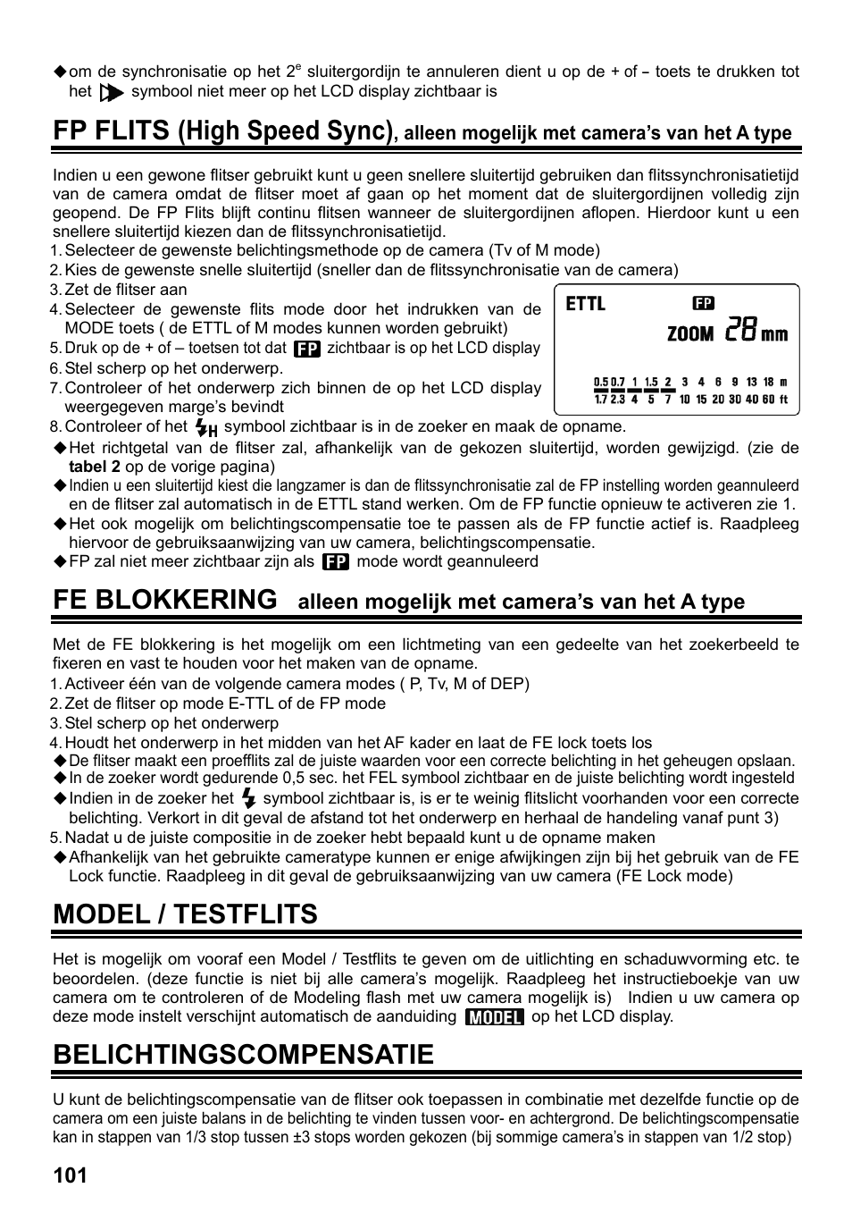 Fp flits (high speed sync), Fe blokkering, Model / testflits | Belichtingscompensatie, Alleen mogelijk met camera’s van het a type | SIGMA ELECTRONIC FLASH EF-610 DG SUPER EO-ETTL II (キヤノン用) User Manual | Page 102 / 160