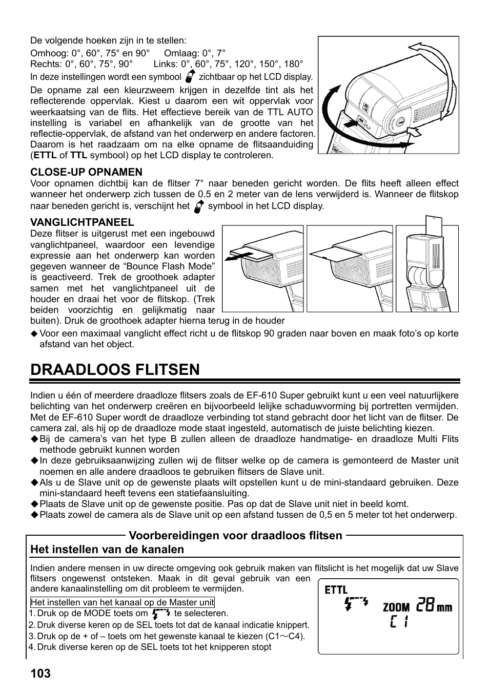 Draadloos flitsen, Het instellen van de kanalen, Voorbereidingen voor draadloos flitsen | SIGMA ELECTRONIC FLASH EF-610 DG SUPER EO-ETTL II (キヤノン用) User Manual | Page 104 / 160