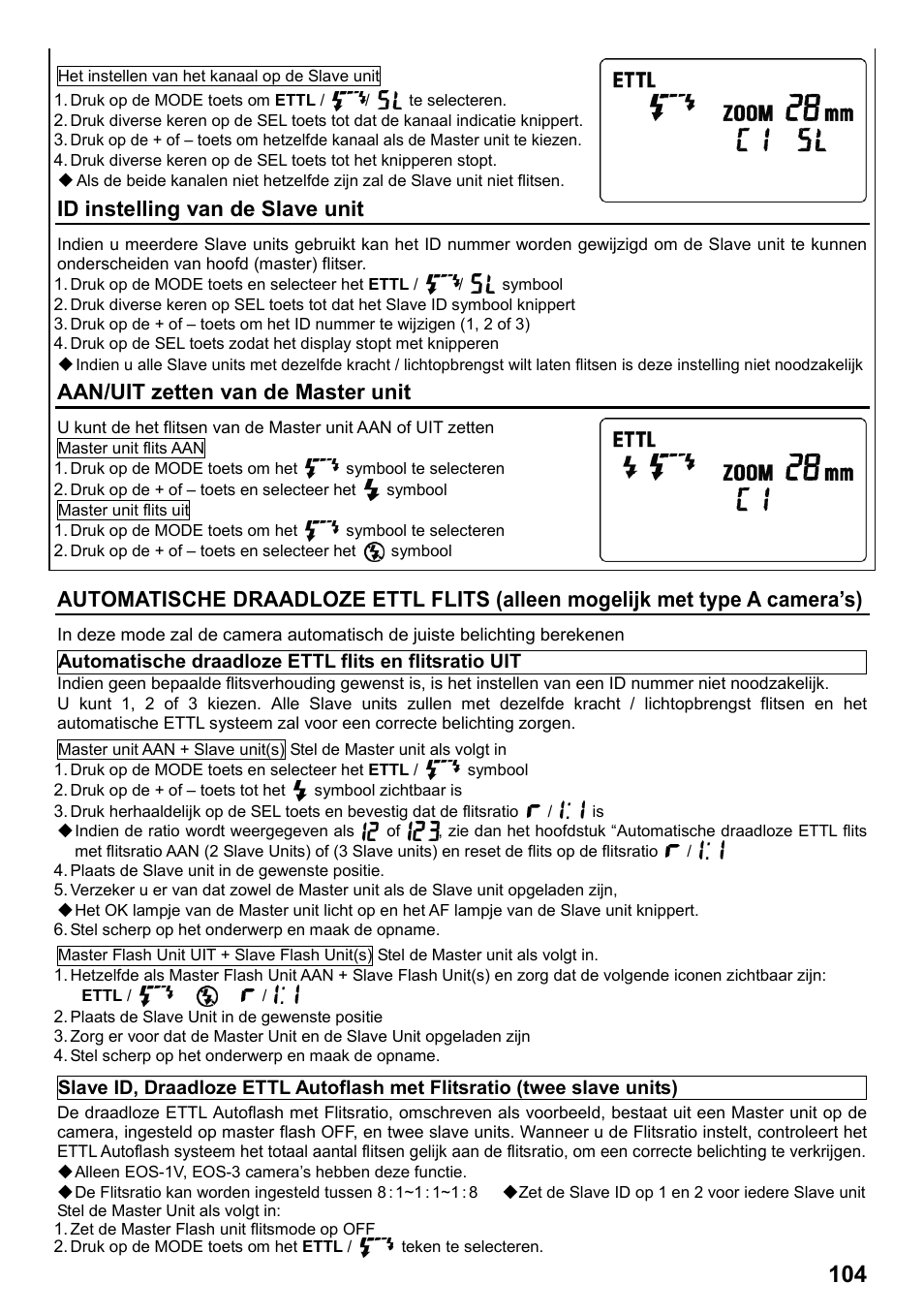 Id instelling van de slave unit, Aan/uit zetten van de master unit | SIGMA ELECTRONIC FLASH EF-610 DG SUPER EO-ETTL II (キヤノン用) User Manual | Page 105 / 160