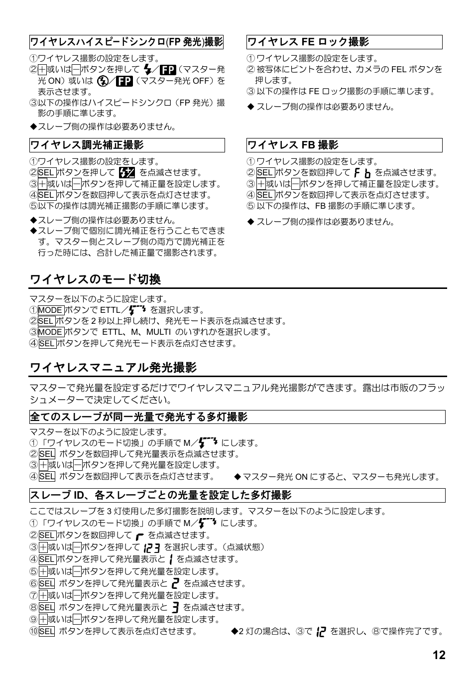 ワイヤレスのモード切換, ワイヤレスマニュアル発光撮影 | SIGMA ELECTRONIC FLASH EF-610 DG SUPER EO-ETTL II (キヤノン用) User Manual | Page 13 / 160